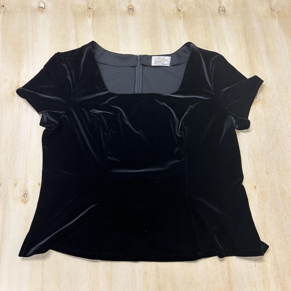 Vintage Stage Accents Blouse Womens 18 Black Velvet Square Neck Short Sleeve Top